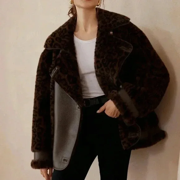 Brown Casual Women's Leopard Print Patchwork Fluffy Faux Leather Aviator Jacket - Picture 7 of 8